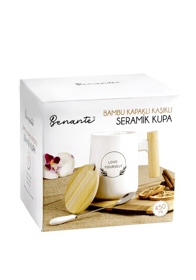 Bambu Kapaklı Kaşıklı Seramik Kupa