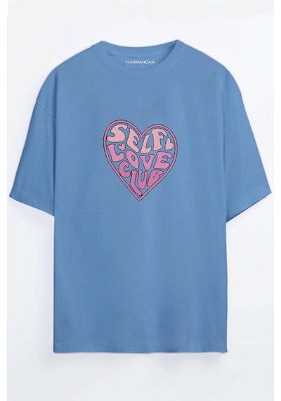 Self Love Club Kalp Baskılı Bordo - Mavi Oversize T-shirt Mavi