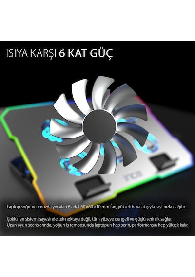 Inc-618gms 6 Fanlı Rgb Laptop Soğutucu Stand 9-17 2400 Rpm 10 Led Mod 5 Kademe Yükseklik Ayarlı