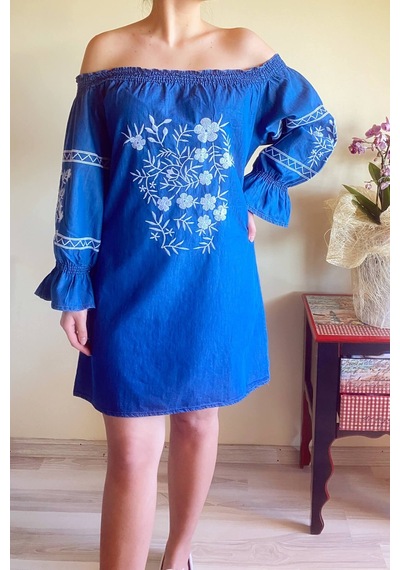 Mia Butik Kadın Mavi Nakış İşleme İnce Kot Elbise-252 Mavi
