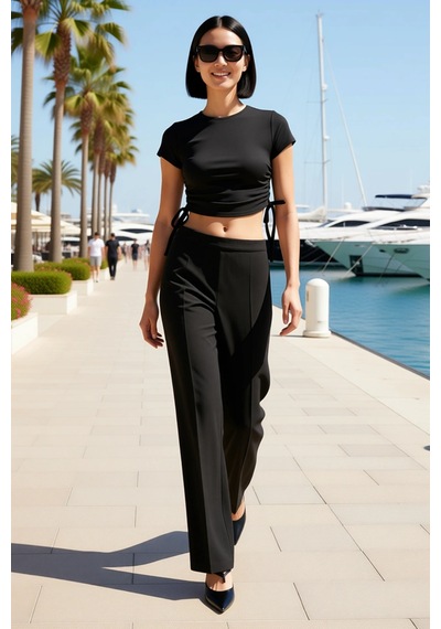 Benerly Kadın Kısa Kollu Bisiklet Yaka Crop Top İspanyol Paça Flare Panto Kahverengi Benerly Kadın Kısa Kollu Bisiklet Yaka Crop Top İspanyol Paça Flare Panto Kahverengi
