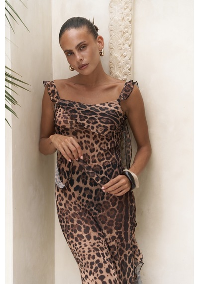 Mai Collection Mai Studios Co. Magi Fırfır Detay Leopar Uzun Elbise Leopar Desenlı