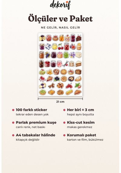 Pasta Ve Tatlı Sticker Seti 100 Adet - Meyveli Kek Kurabiye Pastane Suluboya Ajanda Journal Çıkartma Çok Renkli
