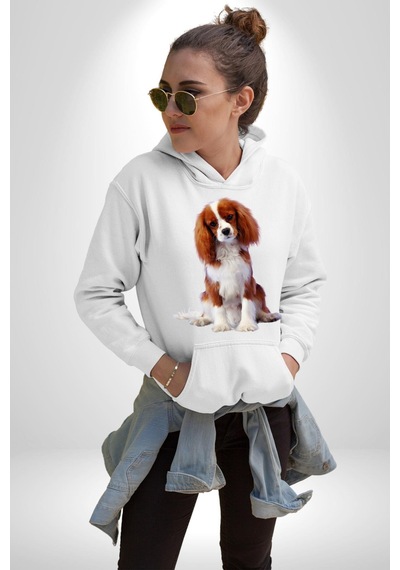 Cavalier King Charles Spaniel Kadın Erkek Beyaz Kapüşonlu Sweatshirt Hoodie Beyaz
