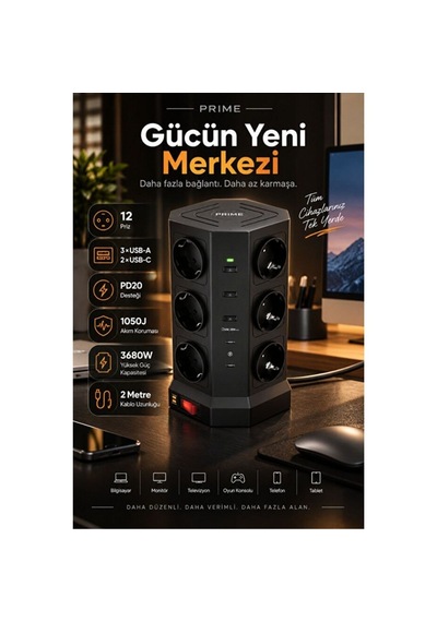 12 Li Priz Çoklu Akım Korumalı Uzatma Kulesi 3 Usb-a 2 Usb-c Pd20w 3680w 2 Metre 0 - 2 M