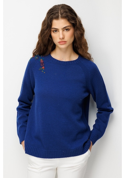 Desen Triko Kadın Sıfır Yaka Reglan Kol Nakışlı Yün Kazak O.indigo