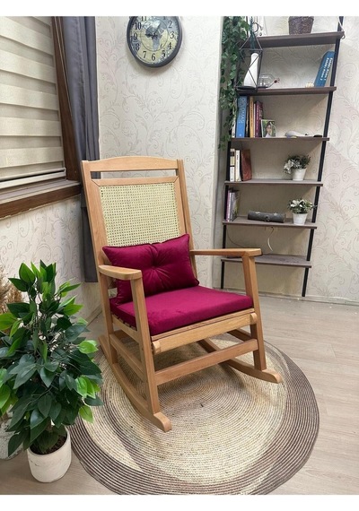 Asedia Veranda Naturel Fuşya Minderli Hasırlı Sallanan Sandalye Dinlenme Koltuğu