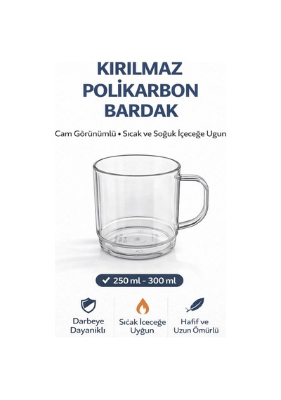 Polikarbon Kırılmaz Kulplu Bardak 300 Ml Cam Görünümlü Çay Kahve Bardağı Sıcak Soğuk Uyumlu Şeffaf