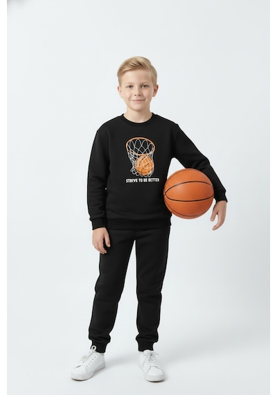 Fyk Kids 3 İplik Kalın Yuvarlak Yaka Basketbol Potası Baskı Detaylı Kışlık Erkek Çocuk Eşofman Takımı Siyah
