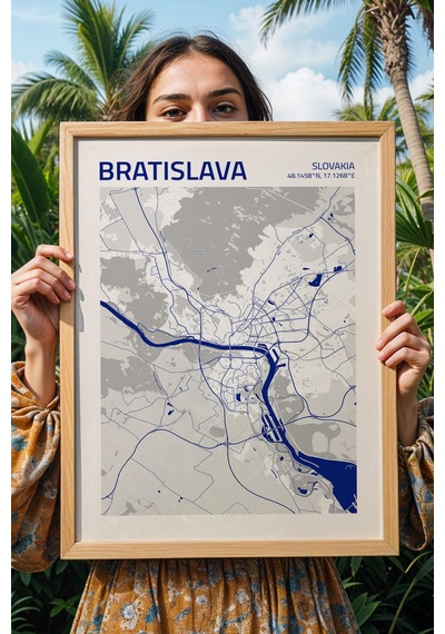 Bratislava Slovakya Haritası Çerçeveli Tablo Lüks Salon Ofis Duvar Dekorasyonu Hediyelik Tablo Kayın