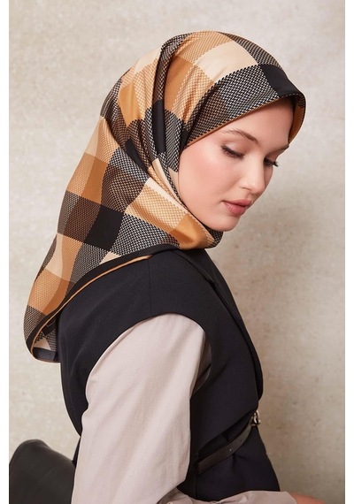 Levidor Noktalı Kareli Bask. Twill İpek Eşarp-0934 Sütlü Kahve