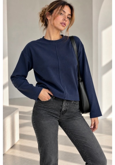 Bb Butik Basic Ön Dikiş Detaylı Basic Sweatshirt Günlük Rahat Kesim My3535 Lacivert