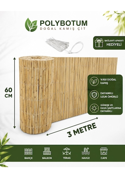 Polybotum Premium Doğal Kamış Hasır Balkon Çiti 60x300 Cm Sık D