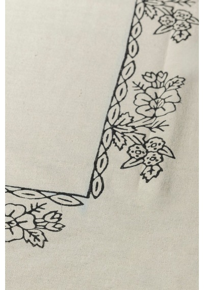 Doğal Pamuk Keten Kare Masa Örtüsü - 155x155 Cm, El Baskılı Şık Tasarım Beyaz - 677356837 Beyaz