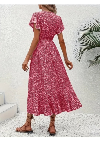 Kadın Kısa Kollu Kruvaze Yakalı Desenli Süprem Elbise Pembe