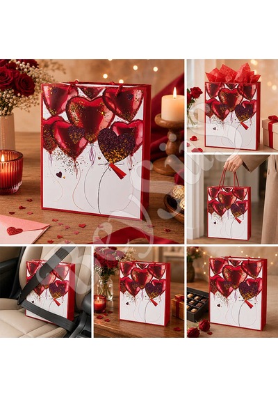 32x26 Cm İthal Kırmızı Kalpli Hediyelik Kağıt Çanta 5 Adet Tüm Yaşlar