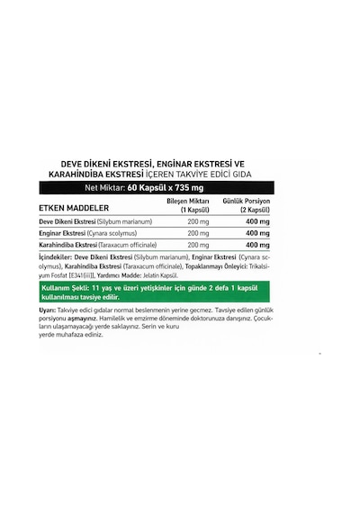 Deve Dikeni Enginar Karahindiba Kapsül 735 Mg X 60 Kapsül