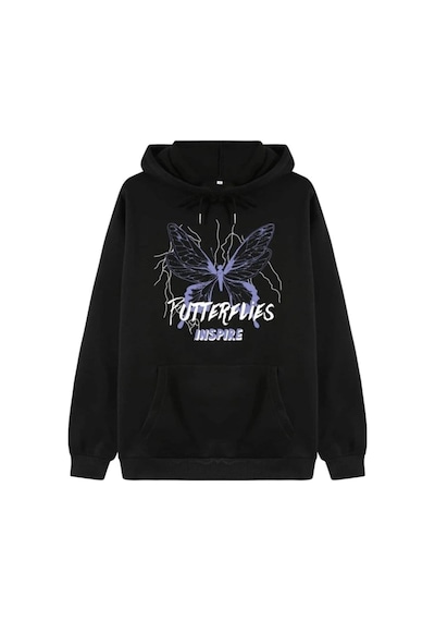 Altamira Unisex Siyah Butterfly Baskılı Oversize Kapşonlu Sweatshirt 001