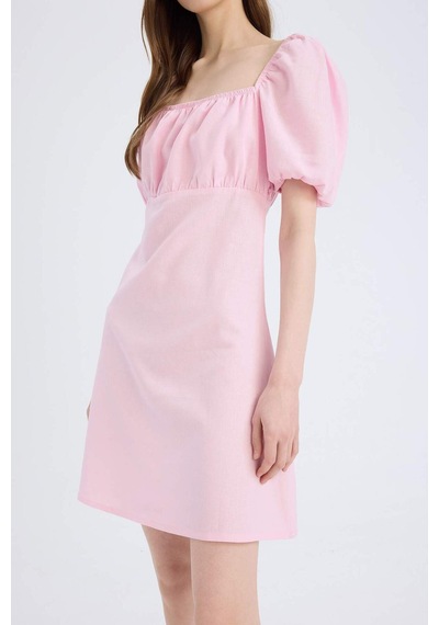 Defacto Kare Yaka Keten Karışımlı Kısa Kollu Mini Elbise D8272ax25smpn663 Pembe-pn663