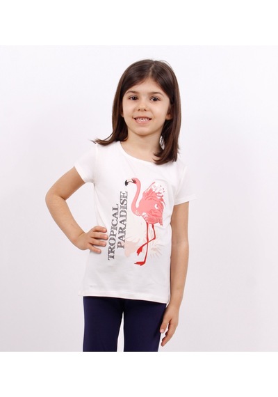 Toontoy Kids Kız Çocuk Tişört Flamingo Baskılı Ekru