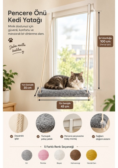 Askılı Kedi Pencere Yatağı - Peluş Kumaşlı Cam Önü Kedi Hamak Yatağı