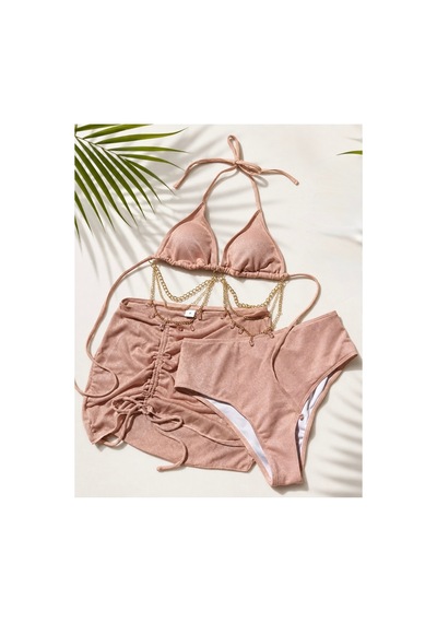 Lilly Taşlı Ve Zincirli Bikini Takımı - Etekli 3 Parça Takım Pembe Pembe