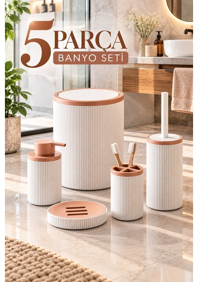 5 Parça Banyo Seti Krem Ve Somon Renkli Çöp Kovası, Tuvalet Fırçası, Sıvı Sabunluk, Diş Fırçalık Ve Sabunluk