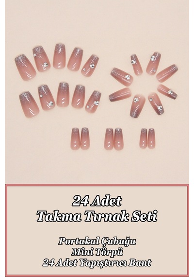 Desenli Takma Tırnak Seti 24'lü. Küt Tırnak Yapıştırıcı Ve Aksesuarları Hediye Z681 Pembe