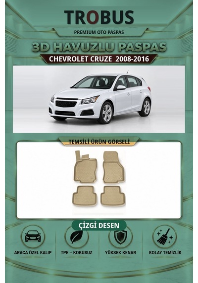 Chevrolet Cruze 2008-2016 Çizgi Desen 3d Havuzlu Paspas Takımı Bej
