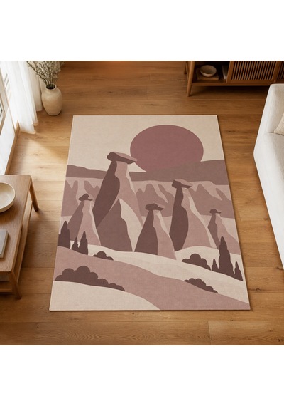 Kartela Halı Kapadokya Peri Bacası Desenli Halı Gül Kurusu Kaymaz Taban 60x90 Cm