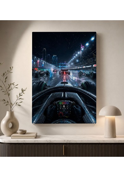 Bk Gift Yağmurlu Gece Formula Yarışı Pilot Kokpiti Ve Şehir Pisti Temalı Kanvas Duvar Tablosu 50x70 Cm