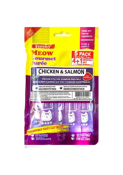 Freshy Meow Tavuk Etli, Somonlu Ve Kedi Çimli Sıvı Kedi Ödülü 5'li Paket 60gr