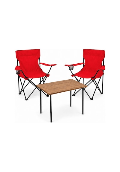 2 Sandalyeli Katlanır Kamp Masa Sandalye Seti 60x45 Cm 3 Parça Kırmızı