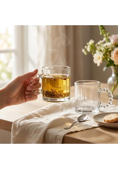 Melorine 2 Li Boncuk Kulplu Cam Kupa Seti, 325 Ml Şeffaf Cam Çay Kahve Bardağı, Dekoratif Yuvarlak Boncuk Saplı Latte Bitki Çayı Meşrubat Sunum Kupası Beyaz - Çok Renkli