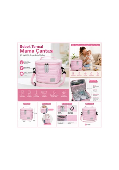 Bebek Termal Mama Çantası Çift Saplı El & Omuz - Çoklu File Cep-342 Pembe