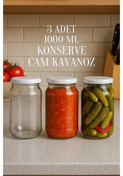 3 Adet 1000 Ml Metal Beyaz Konserve Kapaklı Şeffaf Paşabahçe Menemen Turşuluk Cam Kavanoz Diğer
