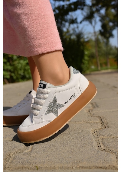 Sstar Beyaz Gümüş Kız Çocuk Cırtlı Bantlı Sneaker Spor Ayakkabı Beyaz