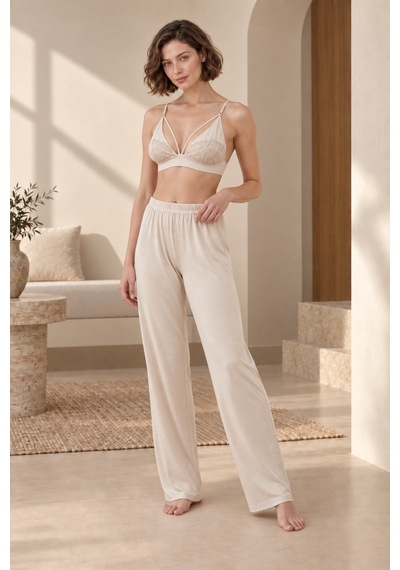 Loule Kadın Bej Dantel Braletli Penye Pijama Ve Hırka Seti 3 Parça