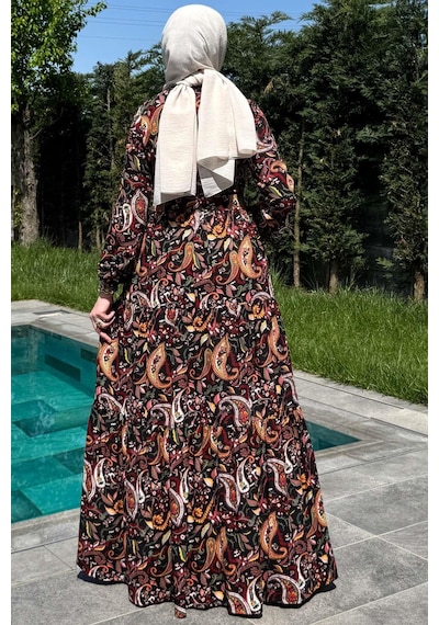 Rabia Şamlı Şal Desenli Elbise Siyah Normal