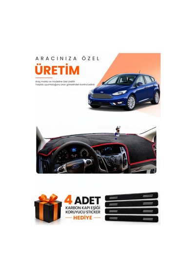 Ford Focus 3.5 Hatchback 2014-2018 Uyumlu Torpido Koruma Örtüsü Oto Kılıfı - Siyah Kırmızı