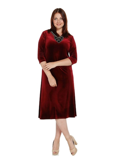 Nidya Moda Büyük Beden Golden Çiçek Elbise-4075B Bordo