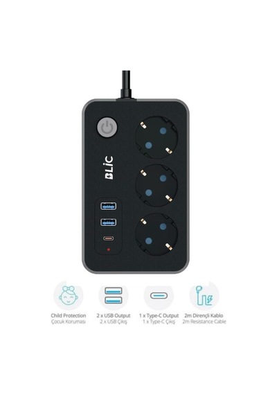 Çeşithane Blic Kablolu 3 Lü Priz Ve Usb Şarj İstasyonu 2 Usb + 1 Type-c Çıkışlı Termal Akım Ve Ç 2