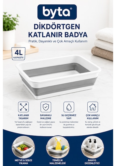 Katlanabilir Dikdörtgen Badya Orta Boy 4 Litre Kapasiteli Kova Çok Amaçlı Leğen Sebze Meyve Yıkama Ve Çamaşır Leğeni Gri