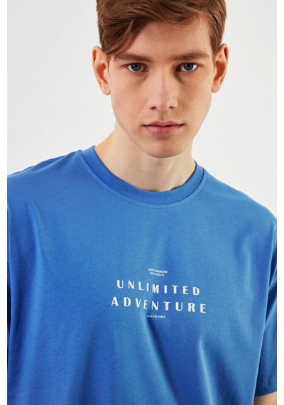Leo Erkek Oversize Tshirt Pamuk Bisiklet Yaka Baskı Detaylı Basic Tişört Mtlce82 Mavi