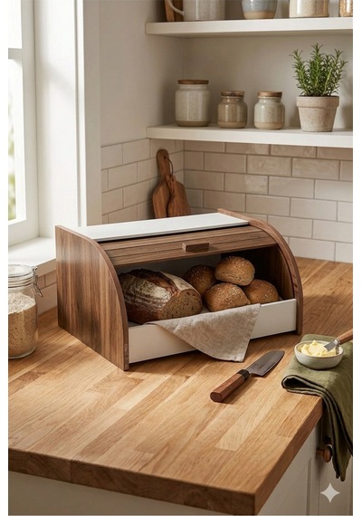 Reoona Lüks Ahşap Kapaklı Modern Ekmek Kutusu - Beyaz Minimalist Tasarım