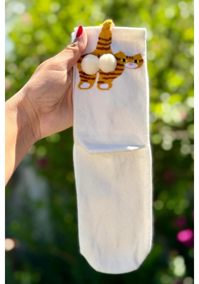 Lousocks Unisex Bej Yan Profil Tekir Kedi Desenli Ponpon Soket Çorap