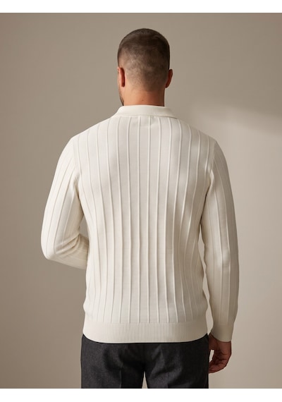 Maccali Erkek Beyaz Fitil Detaylı Fermuarlı Polo Yaka Triko Sweatshirt