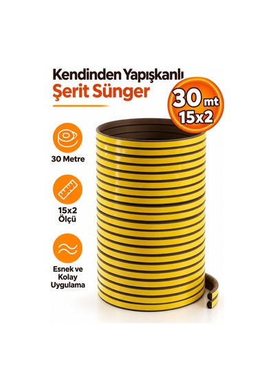 Yapışkanlı Kapı - Pencere Bandı Fitili Soğuk İzolasyon Kauçuk Bantları 15x2 30 Metre Kahverengi 30 M