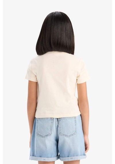 Defacto Slim Fit Dar Kesim Bisiklet Yaka Ribana Basic Düz Kısa Kollu Tişört Kız Çocuk B3054A824SM Ekru