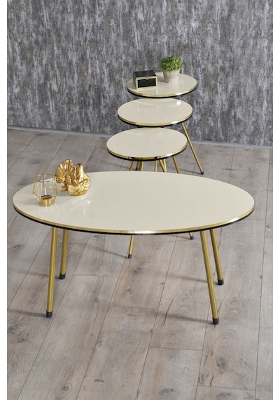 Zigon Sehpa Ve Orta Sehpa Elips Set Çift Gold Metal Krem